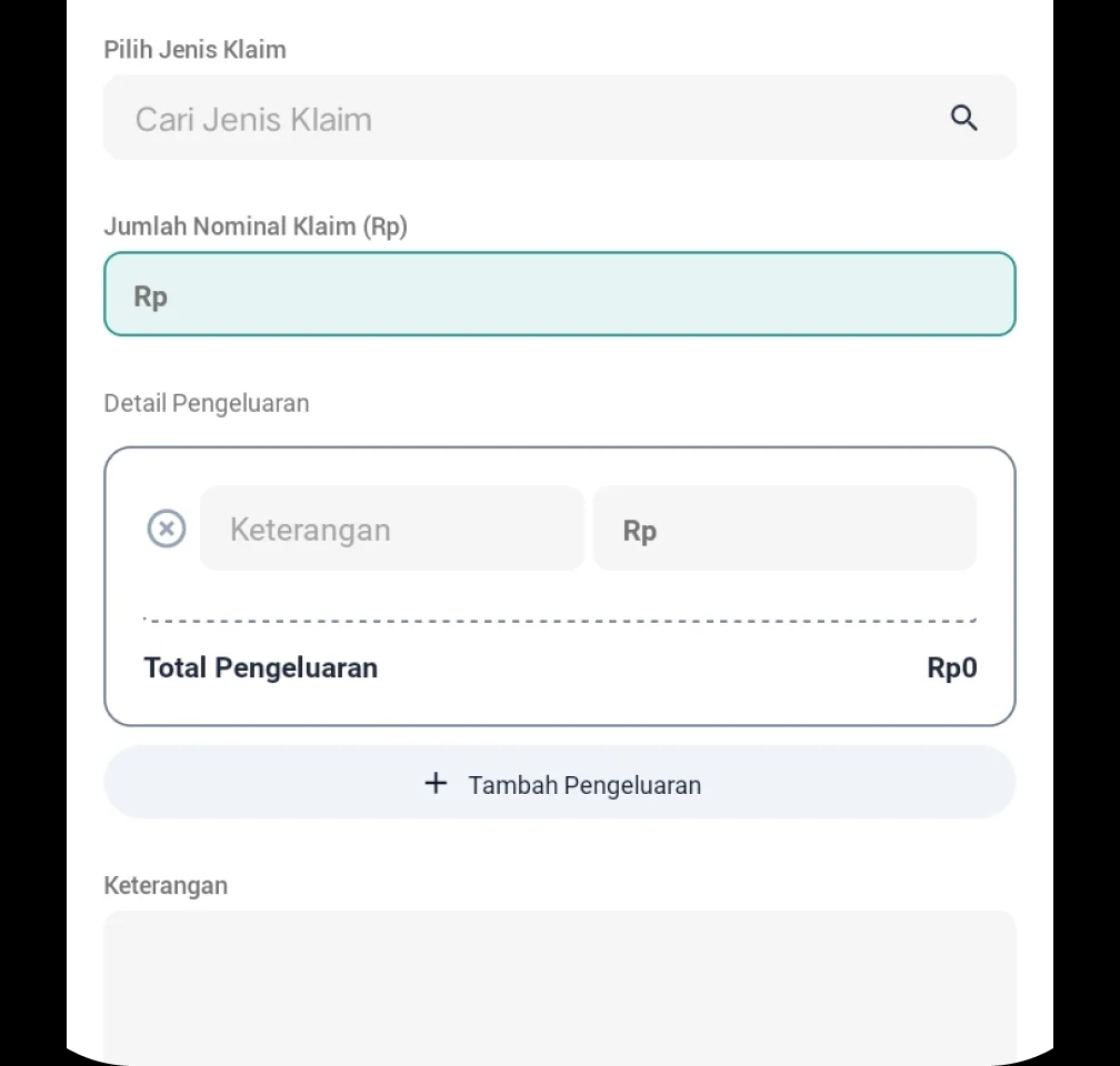 Pilih jenis klaim dan isi data