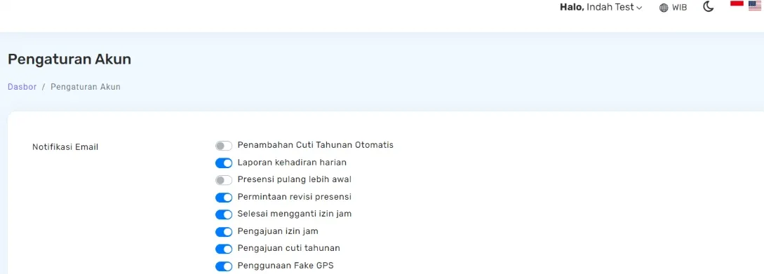Pengaturan On/Off Email Admin