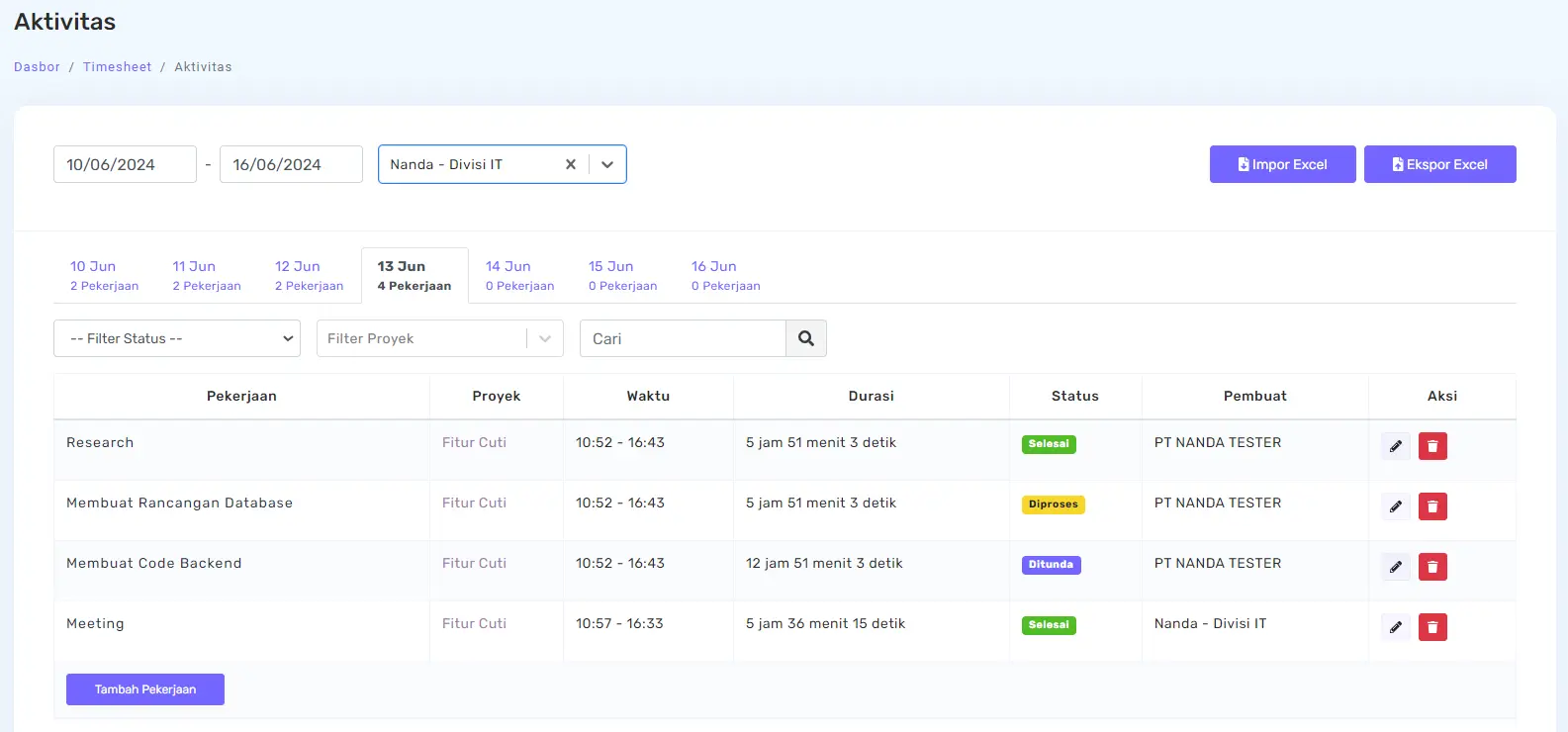 Tampilan Menu Pekerjaan Karyawan pada Dashboard Admin