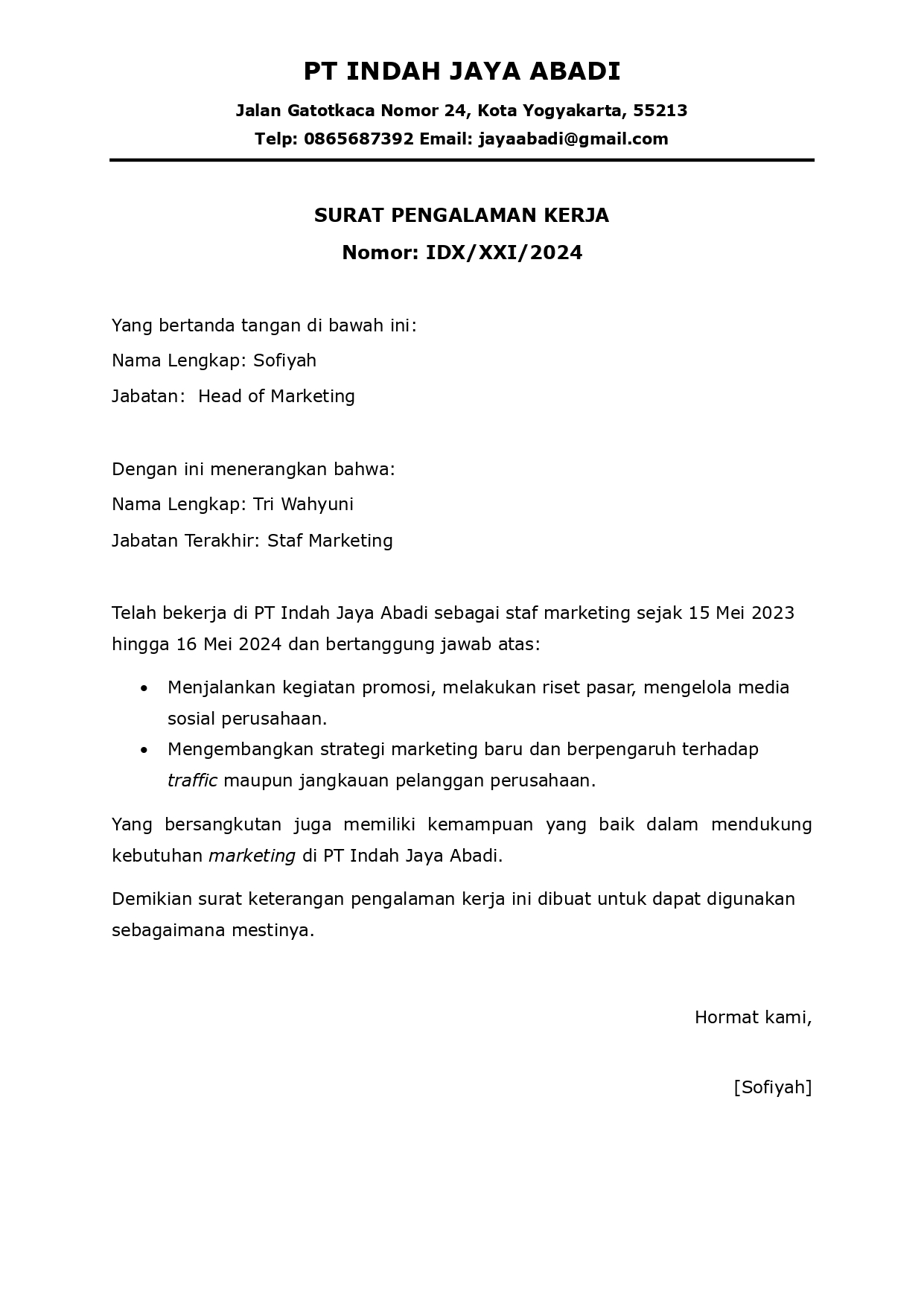 Contoh Paklaring Staf Marketing/Kerjoo.com