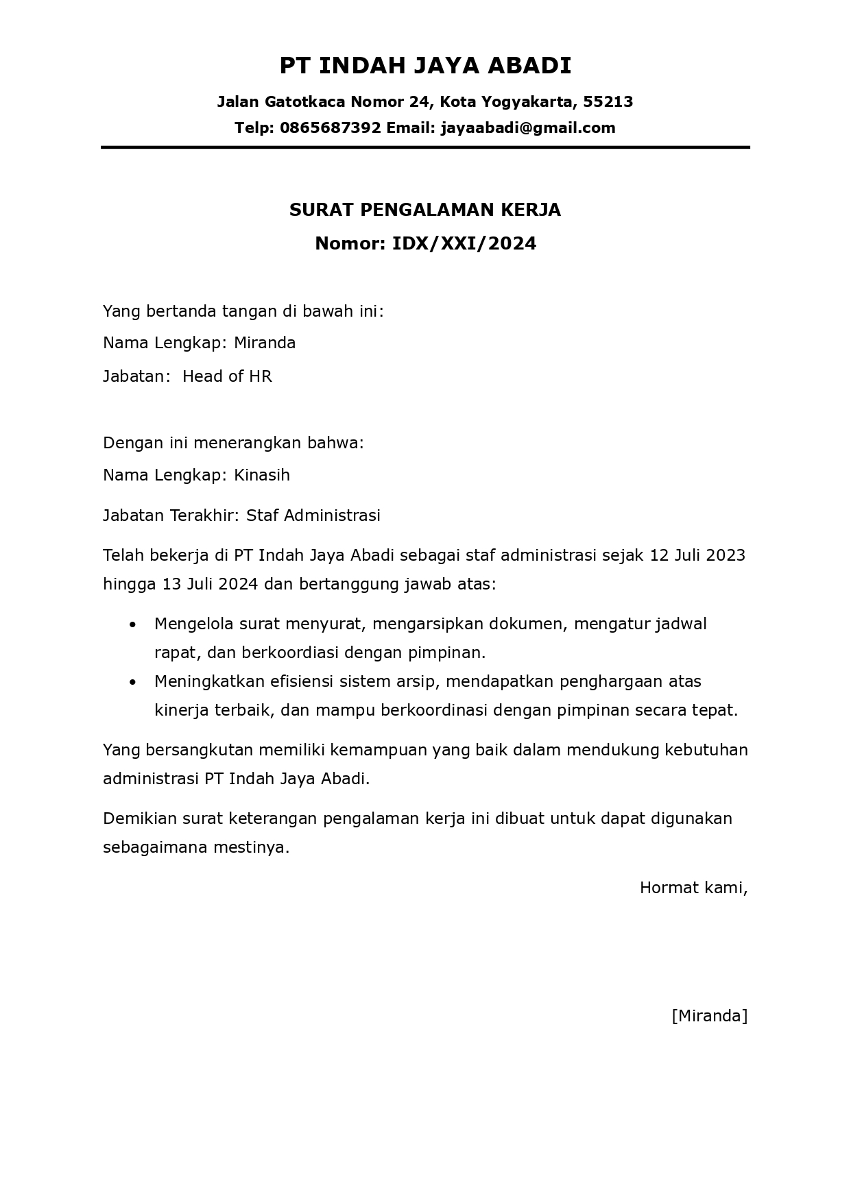 Contoh Paklaring Staf Administrasi/Kerjoo.com