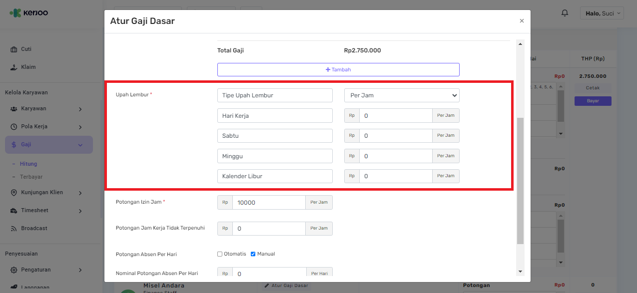 Fitur Mengatur Upah Lembur 