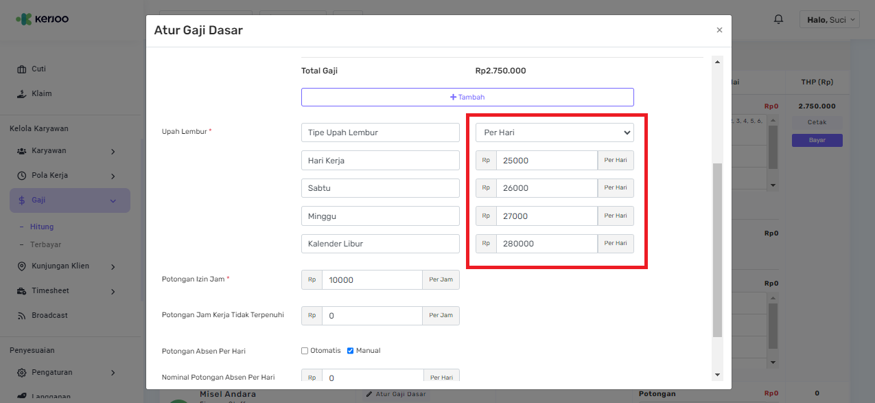 Fitur Mengatur Upah Lembur 