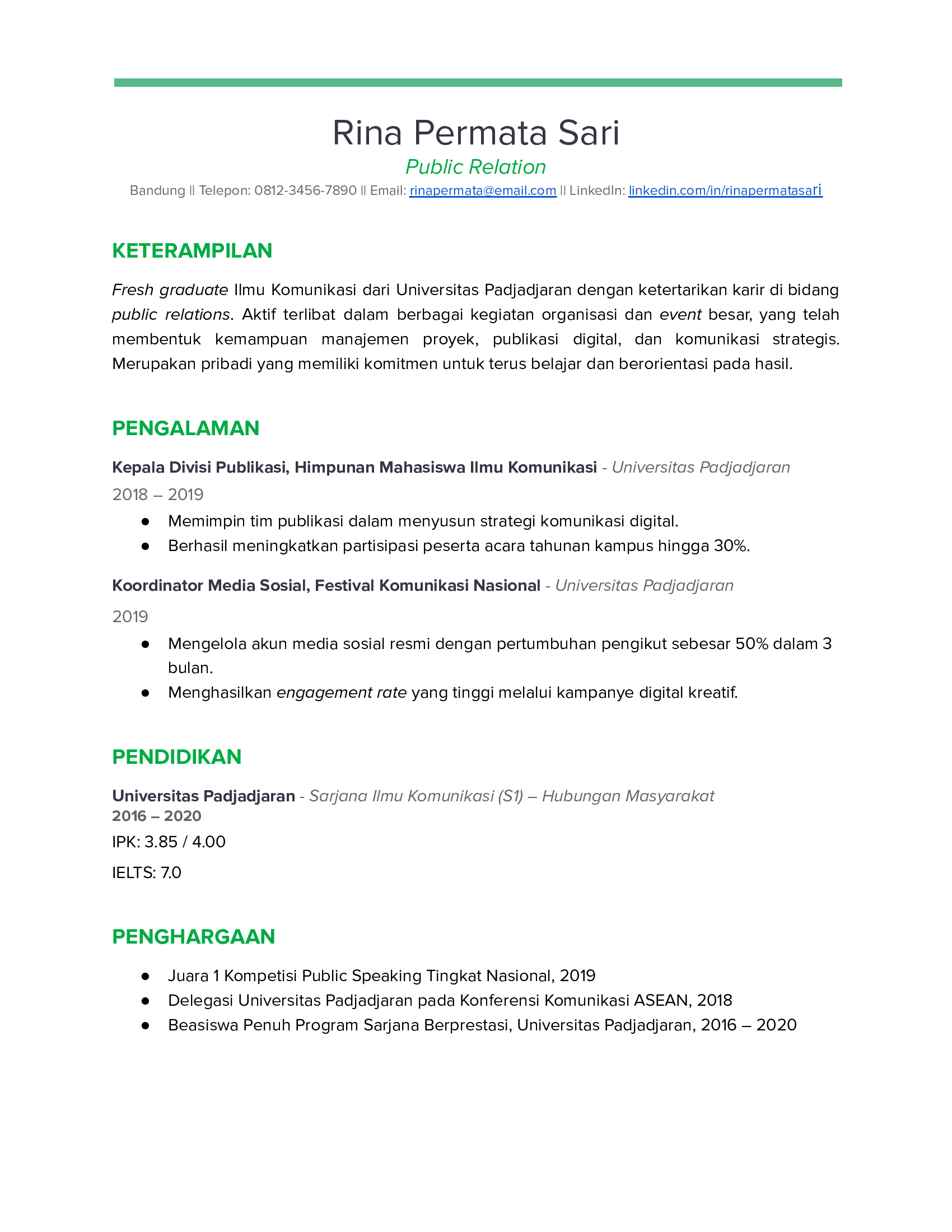 CV fresh graduate singkat dan formal