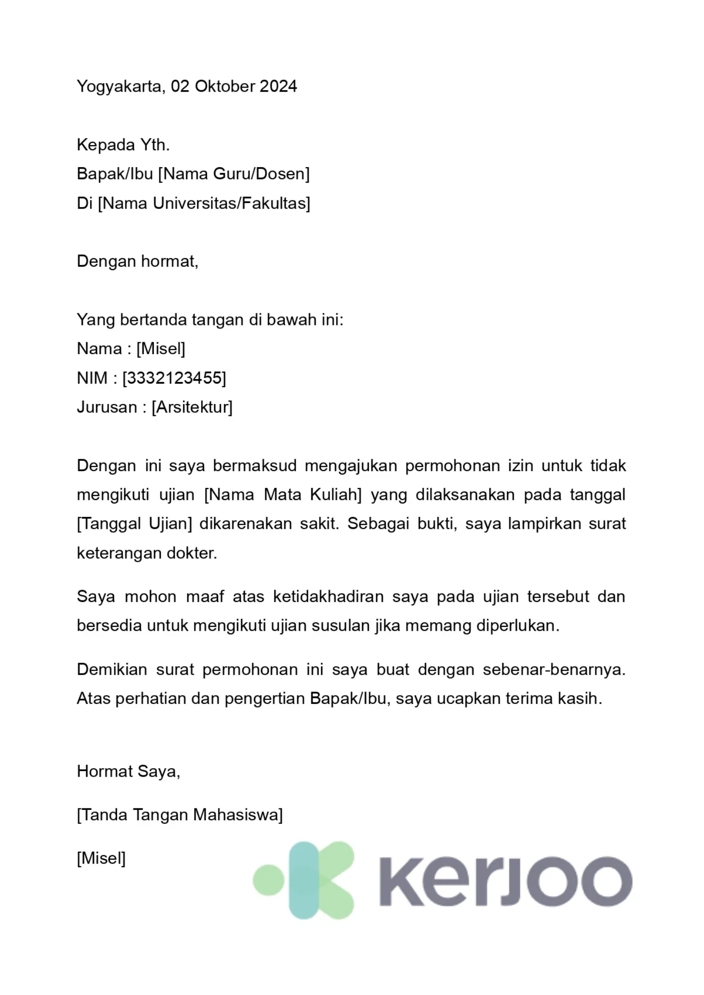 Surat izin sakit untuk absen dari ujian.