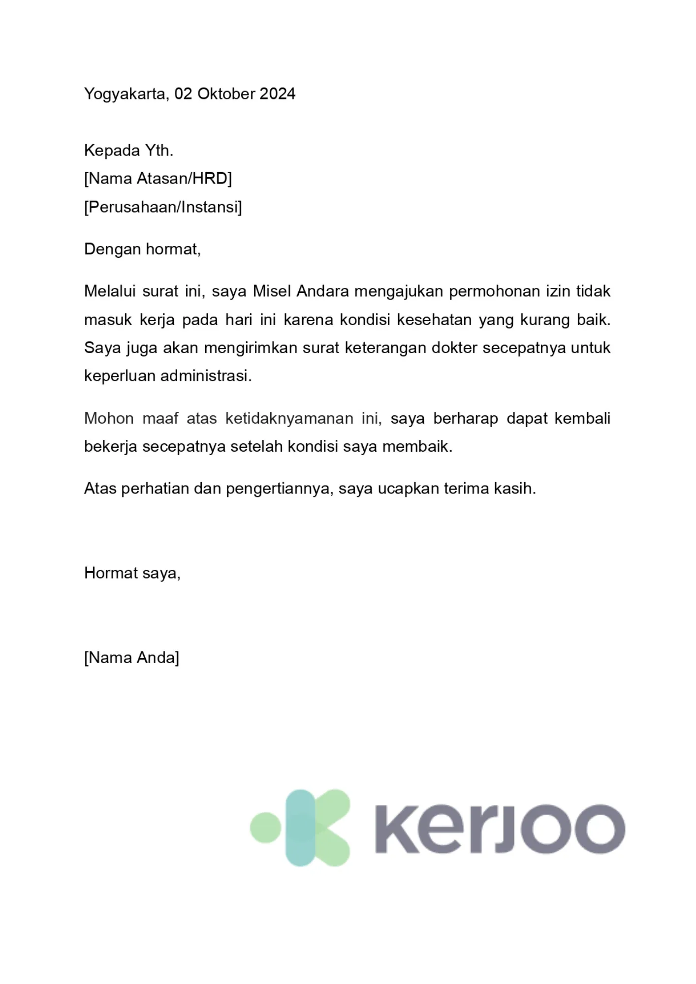 contoh surat izin sakit singkat tanpa surat dokter