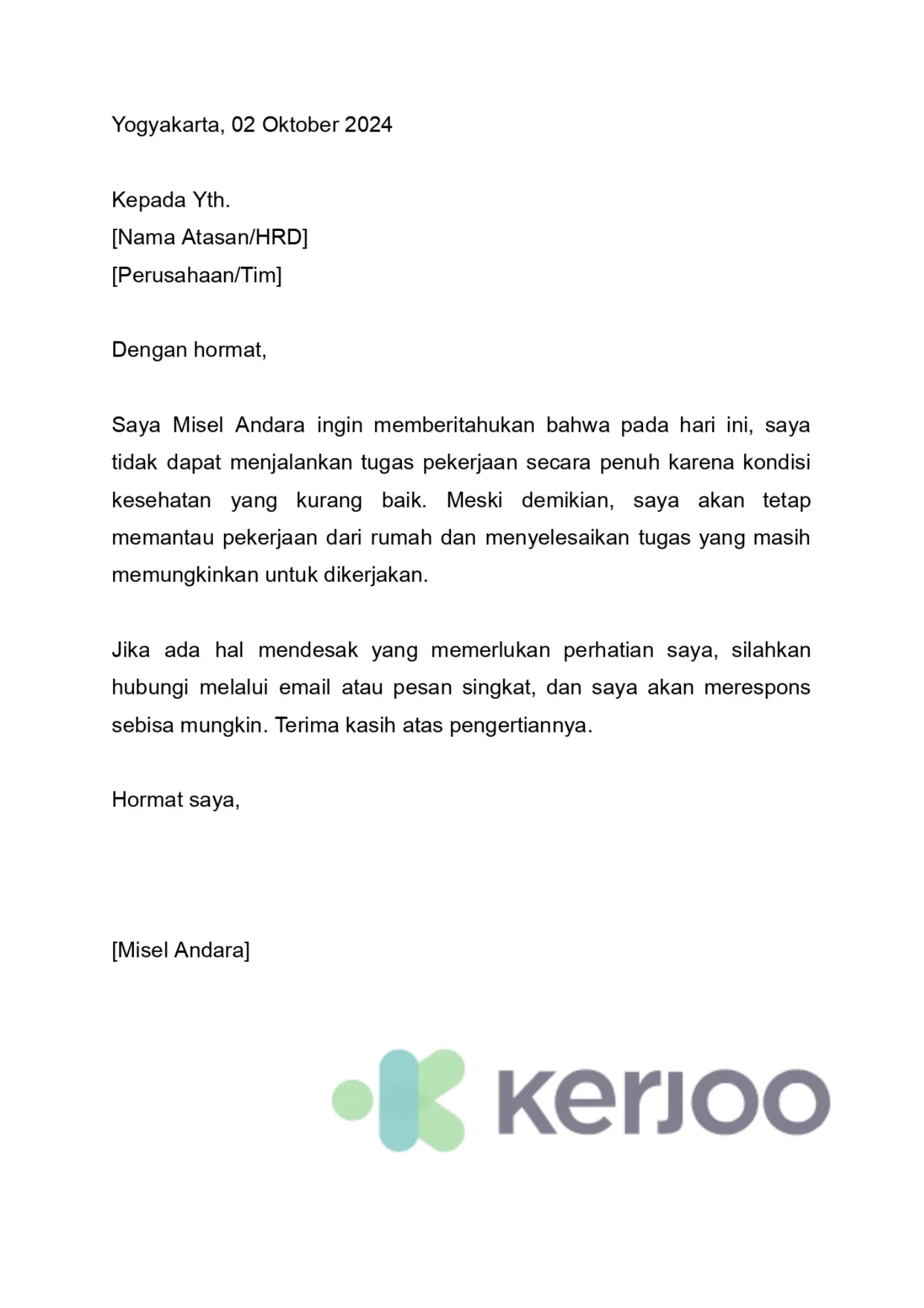 Contoh surat izin sakit untuk pekerjaan remote/WFH