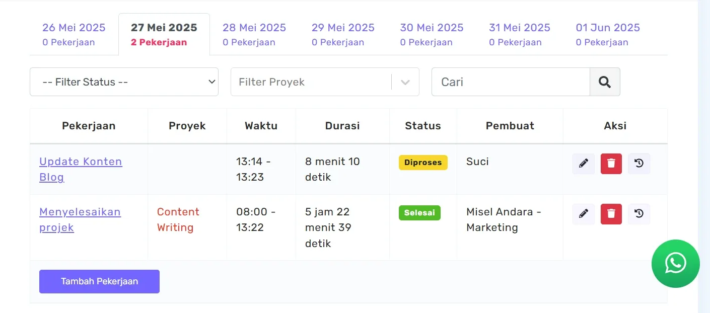 tampilan fitur timesheet