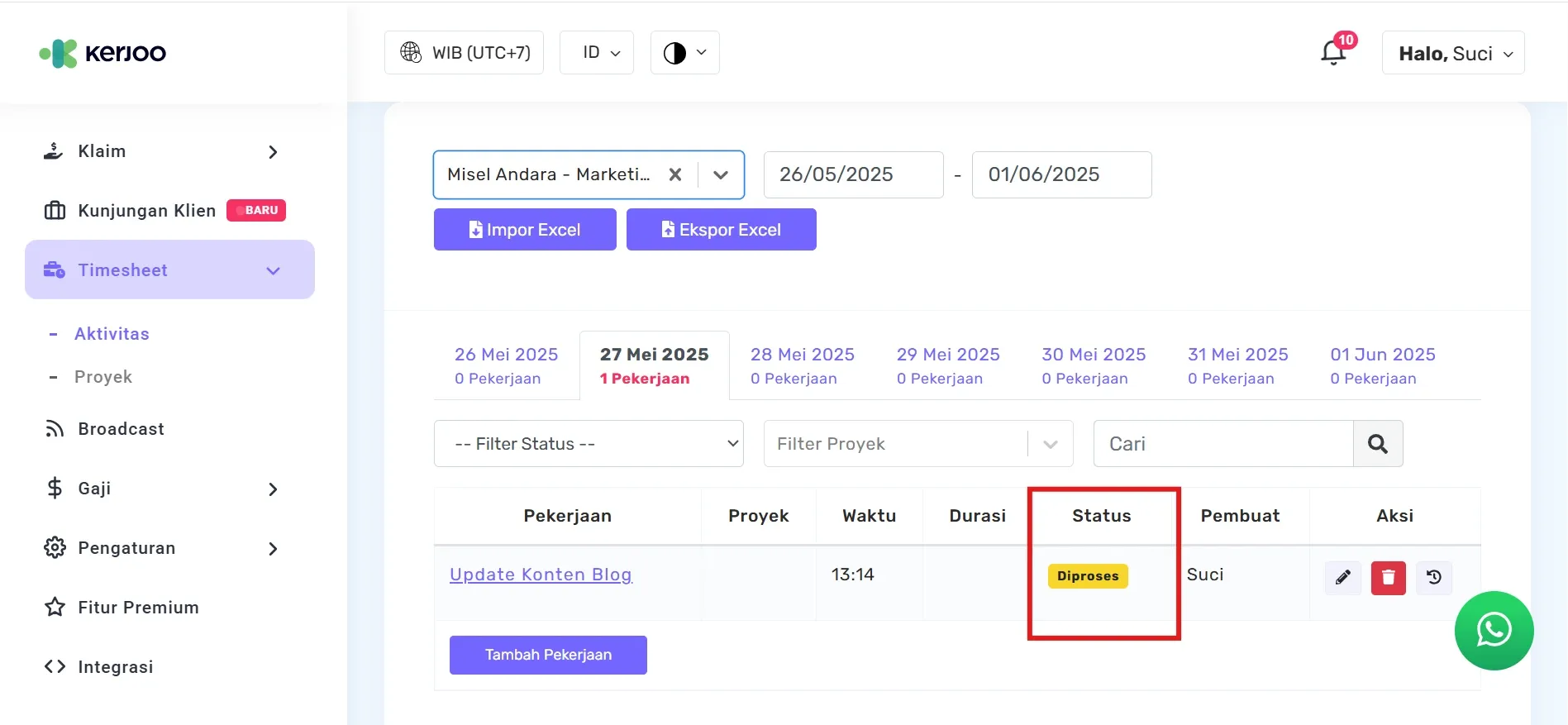 status pekerjaan pada fitur timesheet