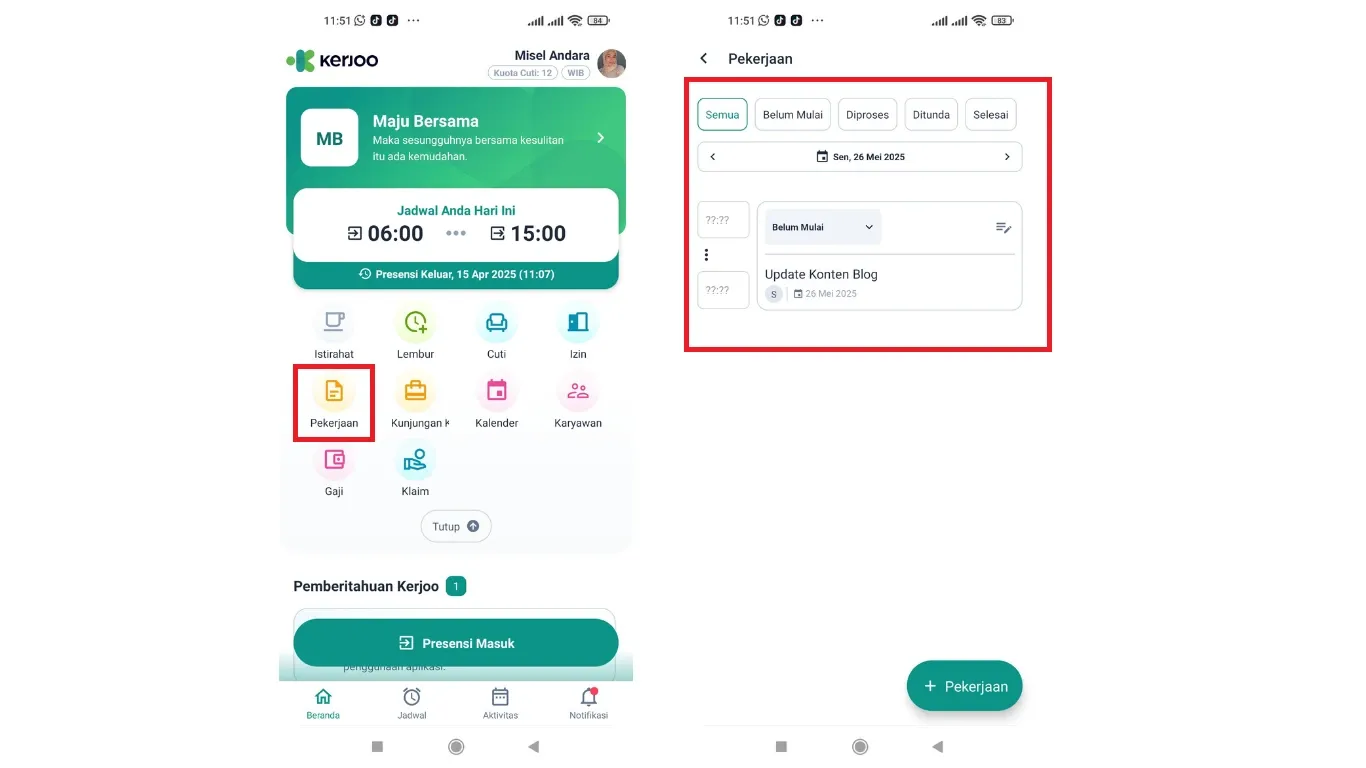tampilan pekerjaan di menu pekerjaan