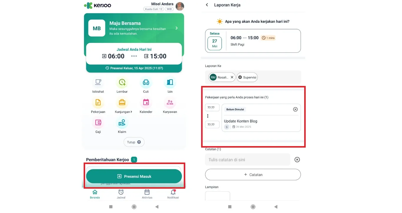 tampilan daftar pekerjaan pada saat presensi masuk