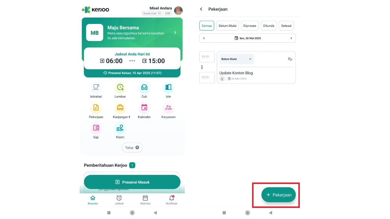 tampilan menu pekerjaan di dashboard karyawan