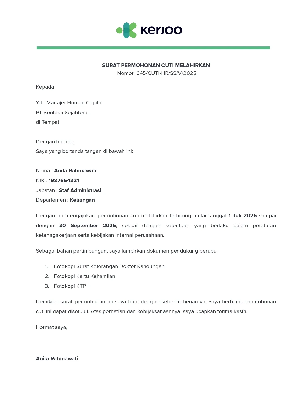 Contoh Surat Cuti Melahirkan Umum/Standar
