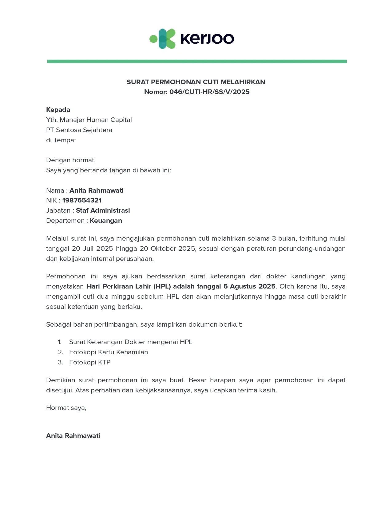 Contoh Surat Cuti Melahirkan dengan Penjelasan HPL