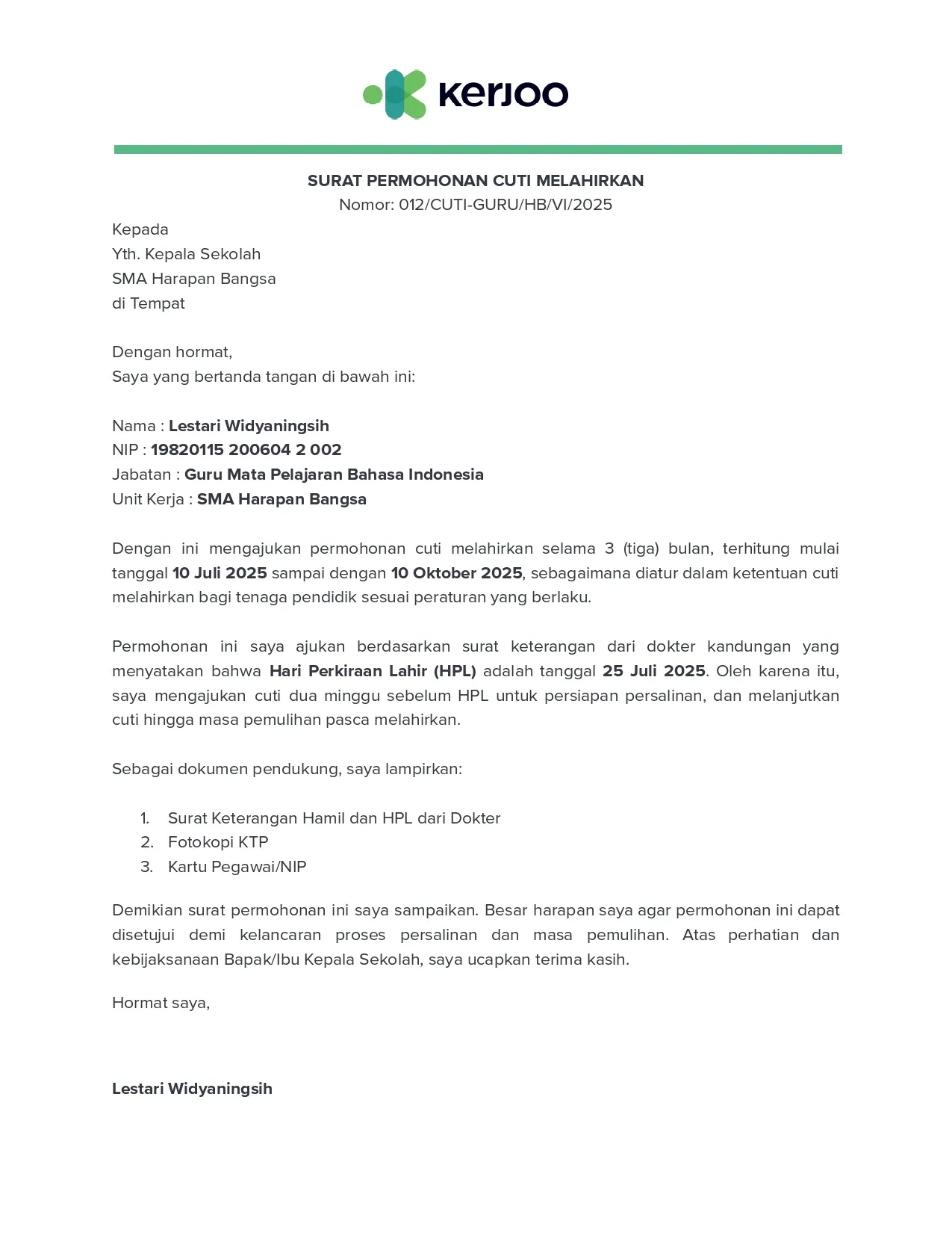 Contoh Surat Cuti Melahirkan untuk Posisi Spesifik