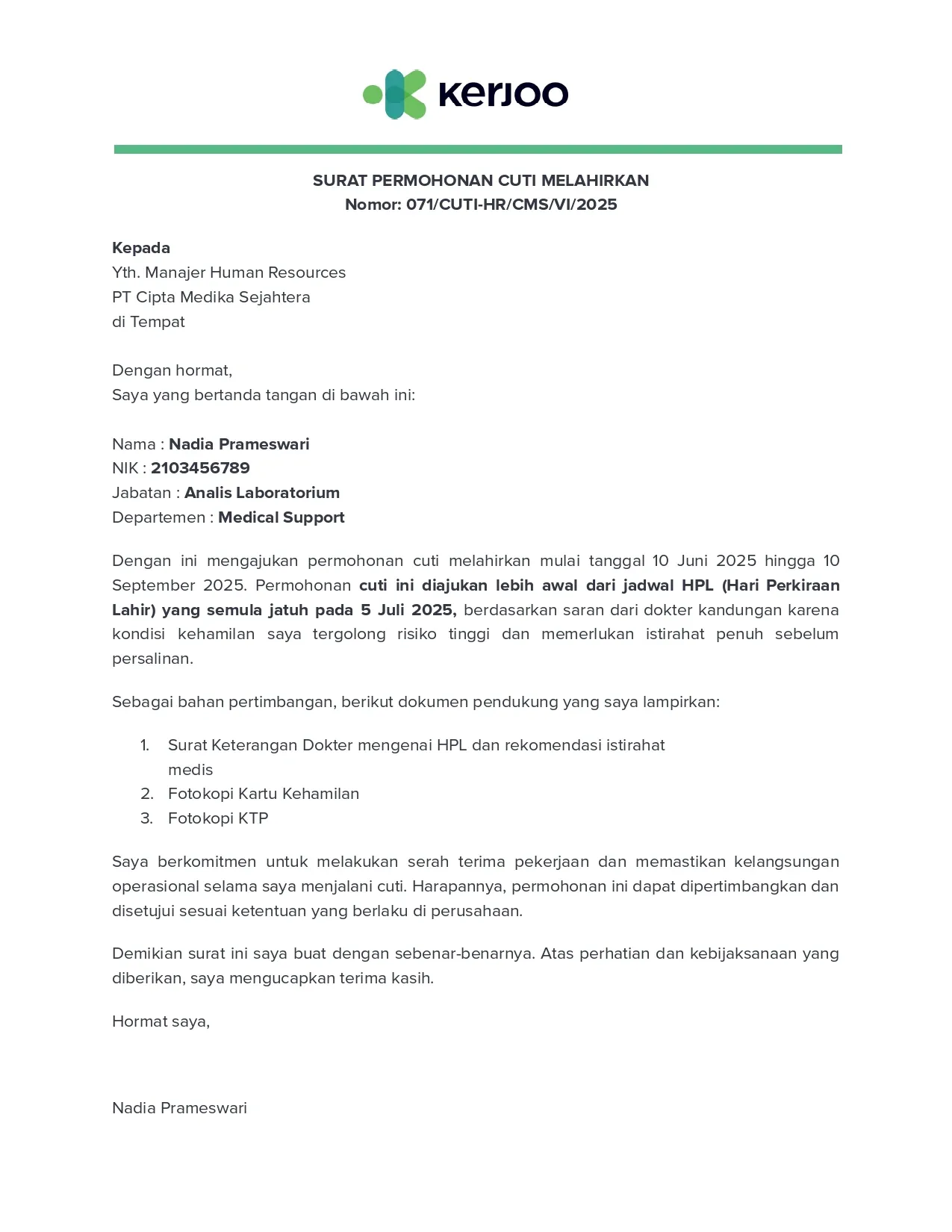 Contoh Surat Cuti Melahirkan Jika Ada Kondisi Khusus