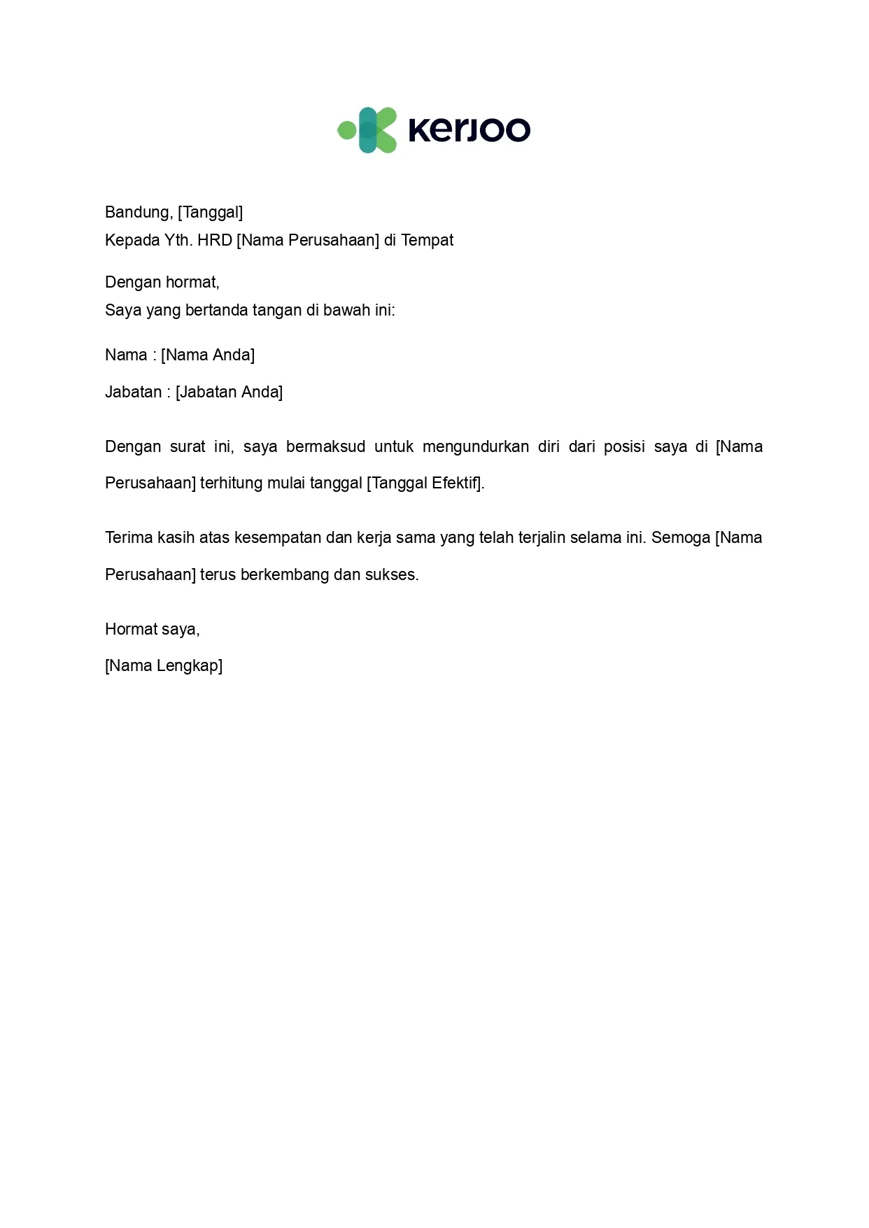 contoh surat pengunduran diri/resign kerja tanpa alasan khusus