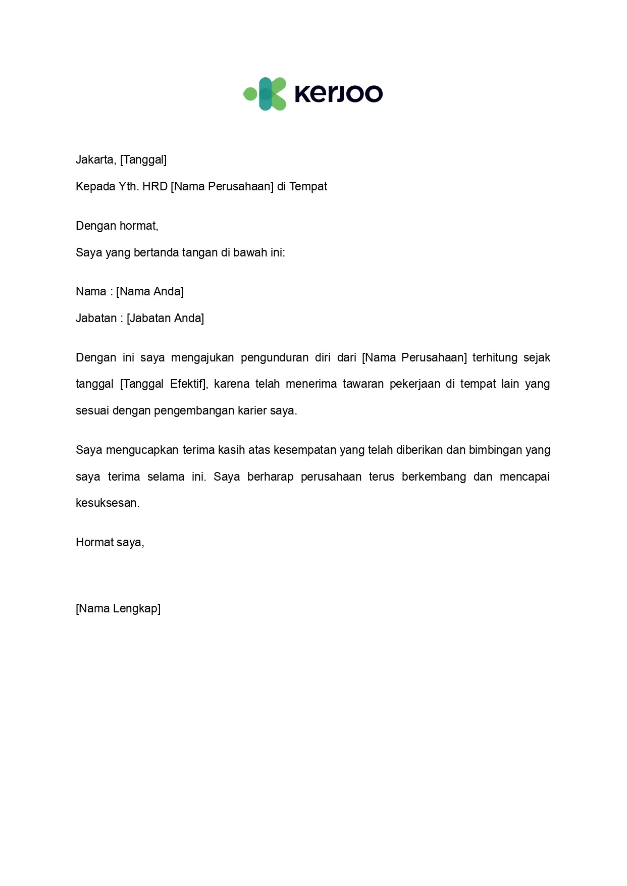 contoh surat pengunduran diri karena telah diterima di perusahaan lain