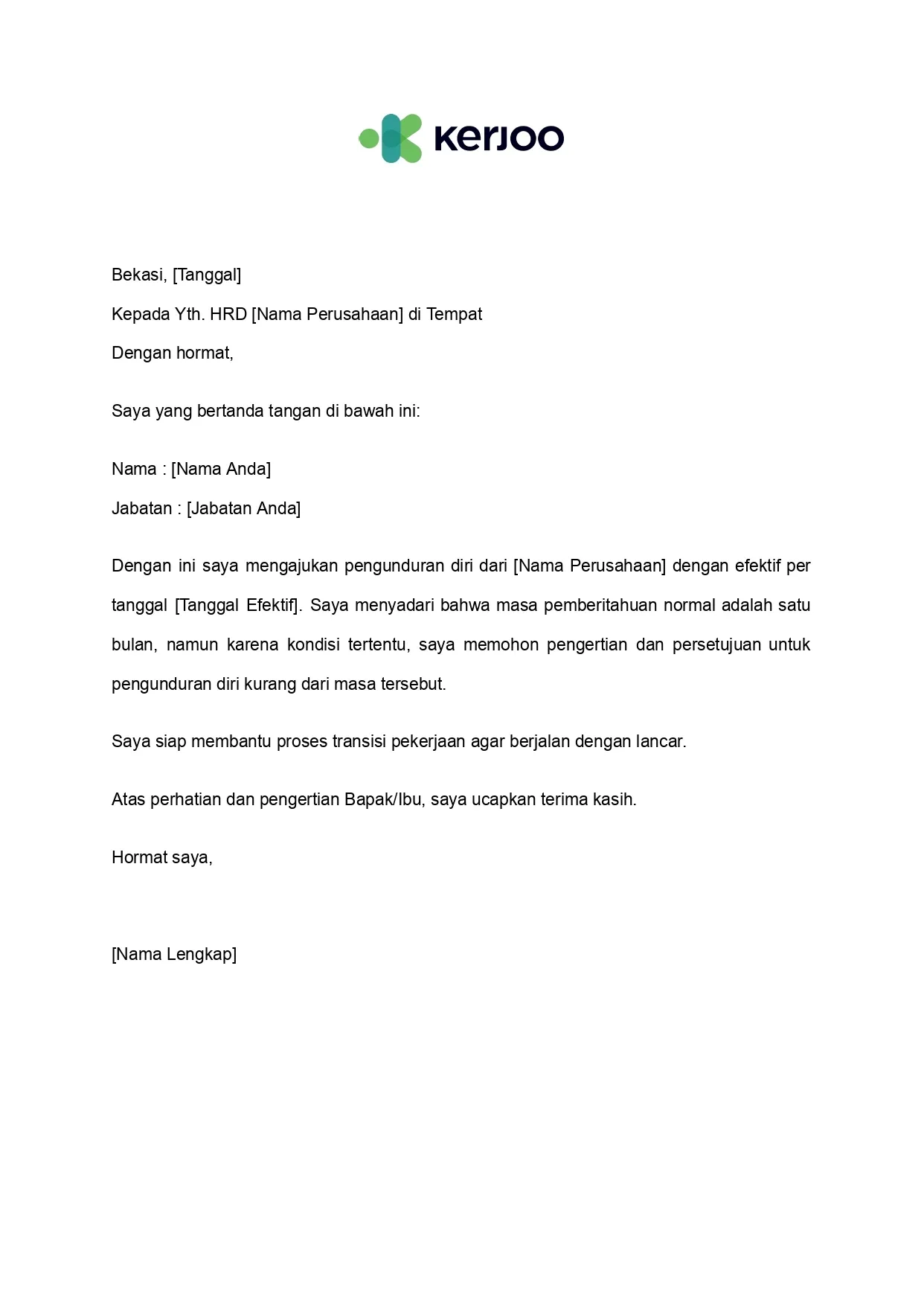 surat pengunduran diri one month notice