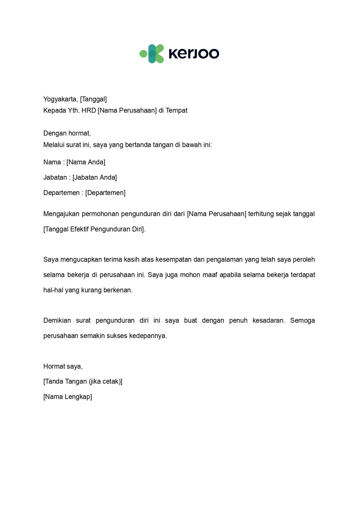 contoh surat resign kerja umum digunakan
