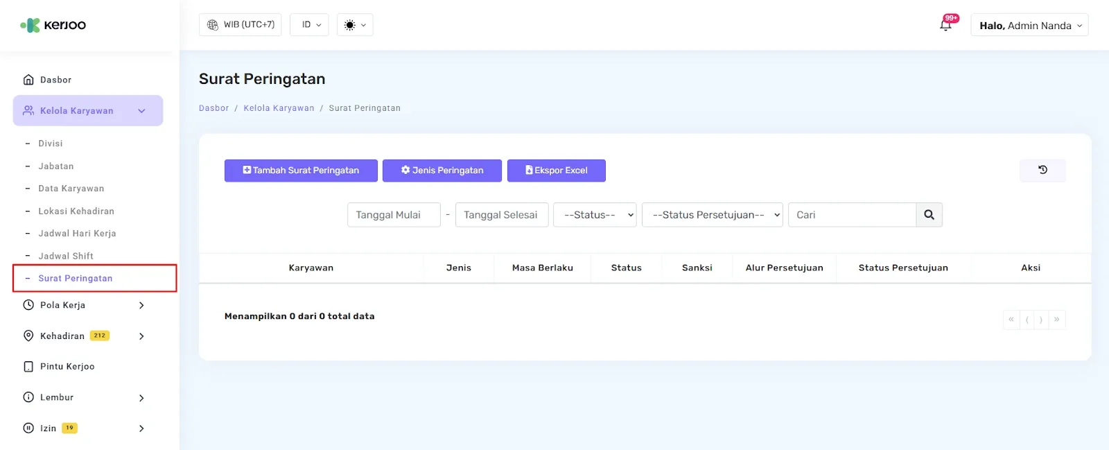 Tampilan fitur surat peringatan di Tab Kelola Karyawan