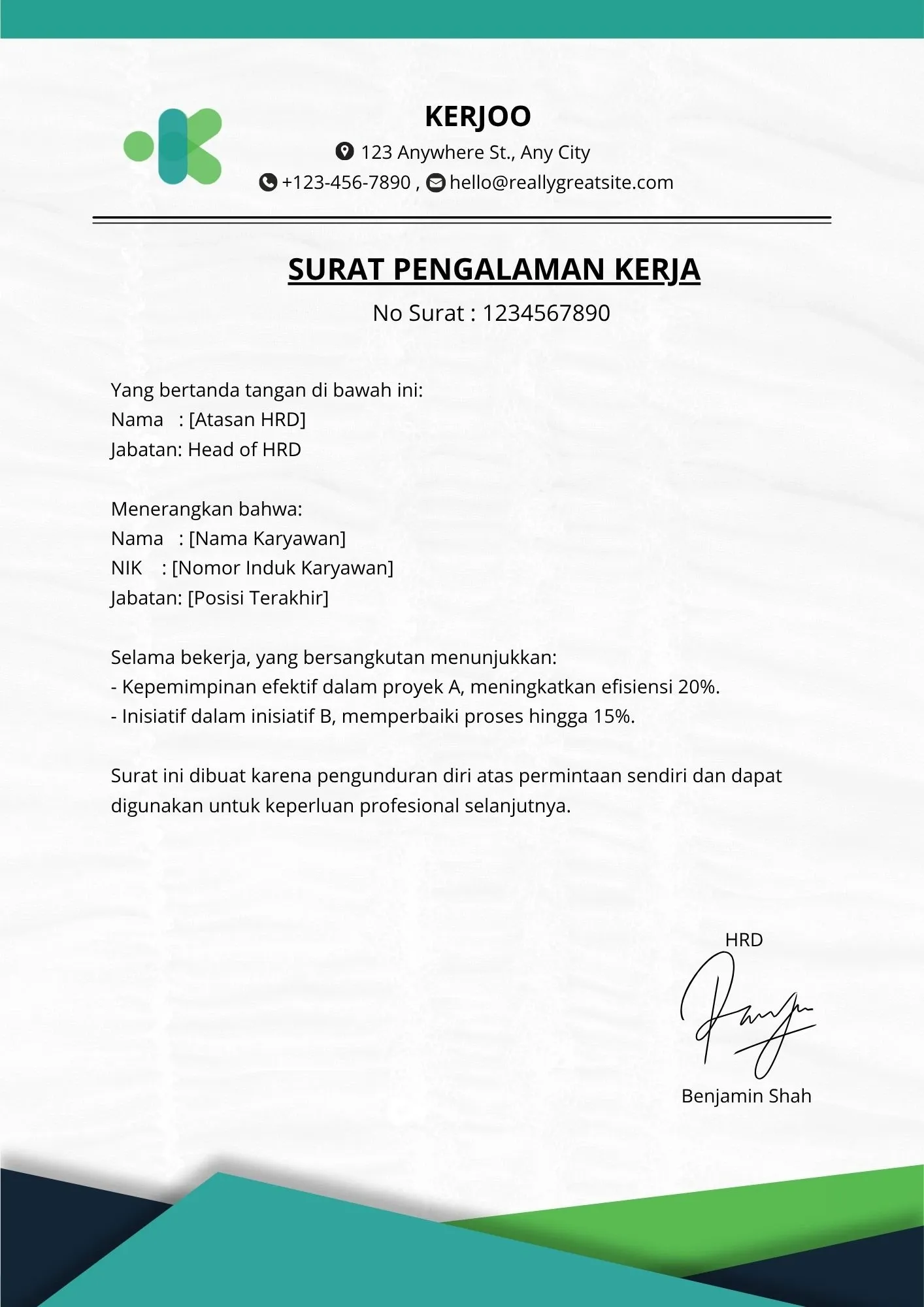Contoh Surat Pengalaman Kerja dengan Penekanan Kinerja Positif