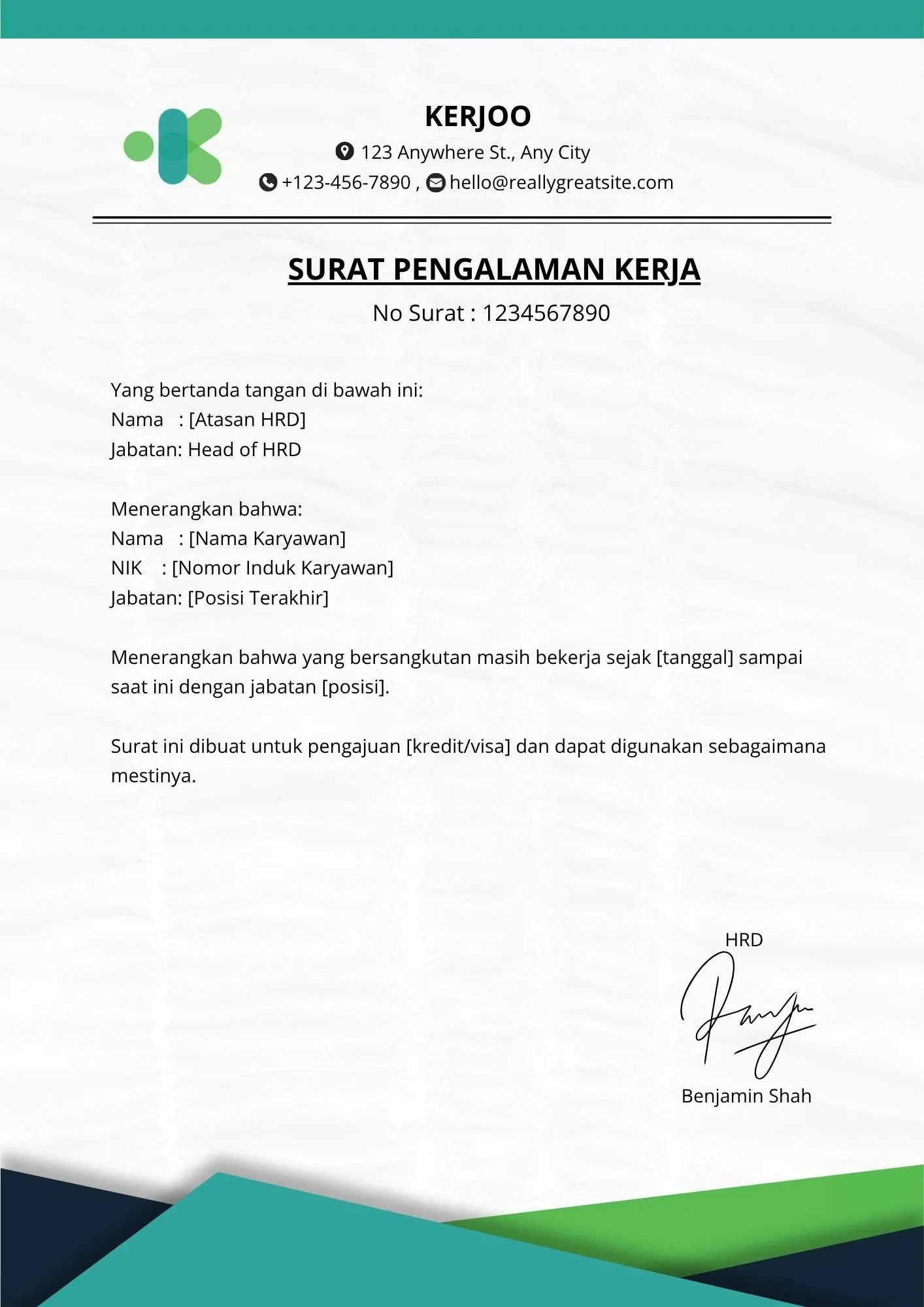Contoh Surat Keterangan Kerja (Untuk Tujuan Non-Lamaran Kerja, misal: Pengajuan Kredit/Visa)
