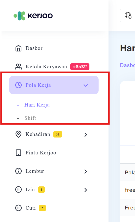 fitur pola hari kerja fleksibel