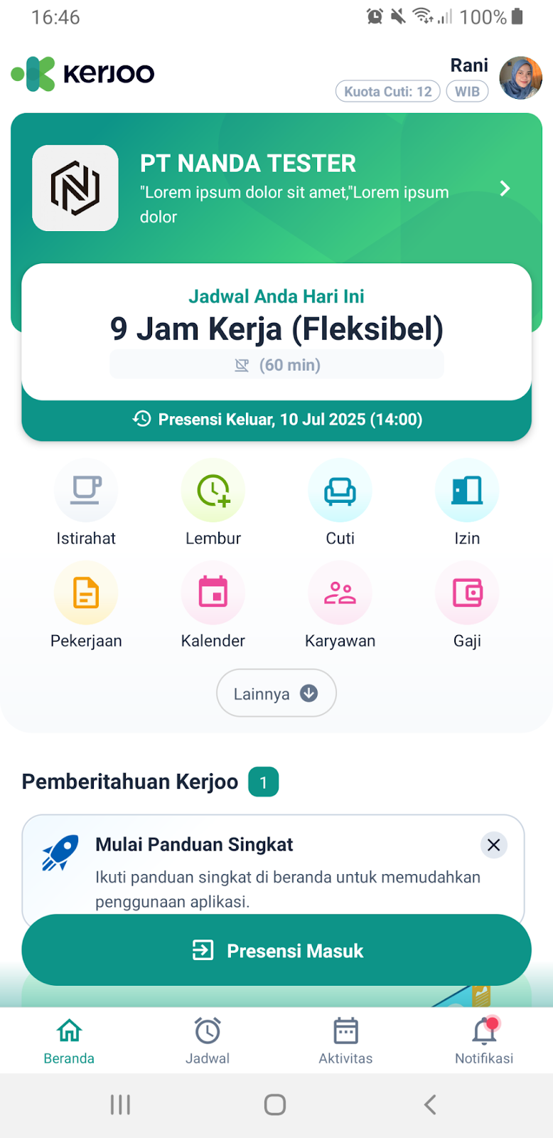 tampilan fitur pola kerja fleksibel untuk karyawan